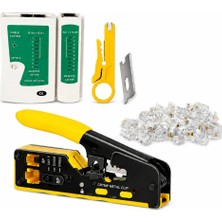 Set - RJ45 Profesyonel Çakma Pensesi + Kablo Sıyırma + Kablo Test Cihazı+   + 100 Adet RJ45 + Yedek Bıçağı