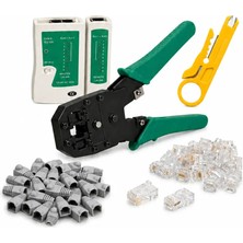 Set - RJ45 RJ11 Sıkma Pensesi + Test Cihazı + 20 Adet RJ45 + 20 Adet Konnektör + Kablo Sıyırıcı