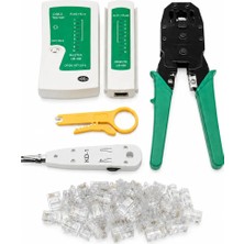 Cat6 Cat5 RJ45 Kablo Çakma Seti - Sıkma Pensesi + Test Cihazı + Krone Bıçağı + 100 Adet RJ45 Konnektör + Kablo Sıyırıcı