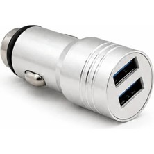 Çift USB Araç Şarjı Çakmaklık Hızlı Şarj Adaptörü 2x USB 3.4A 3 Amper 12V/24V Metal Gümüş