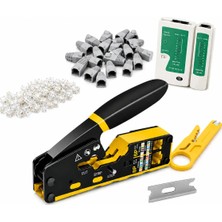 Set - RJ45 RJ11 Sıkma Pensesi + Test Cihazı + 20 Adet RJ45 + 20 Adet Konnektör + Kablo Sıyırıcı + Yedek Bıçağı