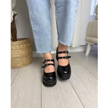 Asmi Shoes Kadın Samba İki Baletli 8 Cm Topuklu Platformlu Ayakkabı  Siyah Rugan