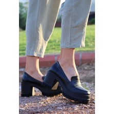 Asmi Shoes Kadın Tokasız 8 cm Loafer Model Topuklu Ayakkabı  Siyah Cilt