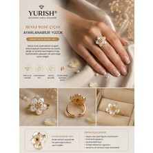 Yurish Kadın Gold Beyaz Rose Çiçek Desenli Ayarlanabilir Yüzük