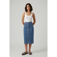 Banny Jeans Önden Düğmeli Yüksek Bel Uzun Mavi Denim Etek