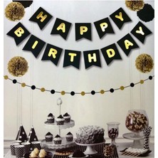 Beysüs Siyah Üstüne Gold Altın Sarısı Yaldızlı Happy Birthday Yazılı Doğum Günü Partisi Karton Yazı Banner