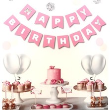 Beysüs Pembe Üstüne Gümüş Gri Yaldızlı Happy Birthday Yazılı Doğum Günü Partisi Karton Ipli Yazı Banner