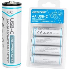 Motto Ticaret Beston 2AC-60 Aa 1.5V 2200MWH Type-C Şarj Edilebilir 4'lü Li-Ion Lityum Kalem Pil Seti