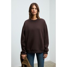 Ethiquet Karıus Kadın Organik Pamuklu Içi Polarlı Oversize Yuvarlak Yakalı Koyu Kahverengi Sweatshirt