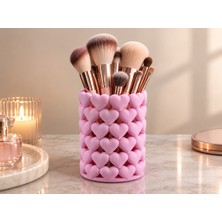 Pembe 3D Kalp Kabartmalı Makyaj Fırçası Organizeri - Kalemlik