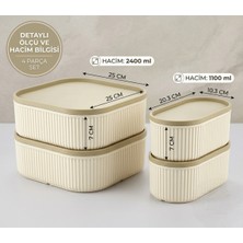 Le Paon 4 Parça Modüler Saklama Kabı Seti Çizgili Bej - 2 Adet 2400 ml Kare & 2 Adet 1100 ml Oval Buzdolabı Düzenleyici