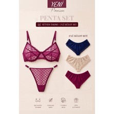Valunor Penta Set 2 Mesh Mor Sütyen Takım ve Brazilian Dantelli Mor 3’lü Külot Set Fantezi Kadın Iç Çamaşırı Takımı 5’li