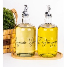 St. Morritz 2'li 750 ml Bambu Stanlı Cam Yağdanlık Seti Gri Tıpalı Ayçiçek & Zeytinyağı Etiketli Yağlık Sosluk