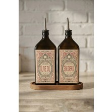 St. Morritz Ahşap Stantlı 2'li Amber 500 ml Yassı Cam Ayçiçek Yağı Zeytinyağı Şişesi Yağdanlık