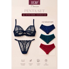 Valunor Penta Set 5 Glam Lacivert Sütyen Takım ve Brazilian Dantelli Külot Fantezi Iç Çamaşırı Takımı 5’li