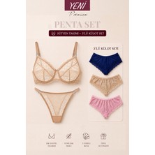 Valunor Penta Set 3 Mesh Bej Krem Ten Rengi Sütyen Takım ve Brazilian Dantelli Ten Rengi 3’lü Külot Set Fantezi Kadın Iç Çamaşırı Takımı 5’li