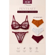 Valunor Penta Set 4 Glam Bordo Sütyen Takım ve Brazilian Dantelli  3’lü Külot Fantezi Iç Çamaşırı Takımı 5’li
