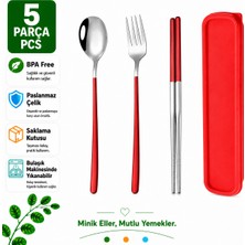 Jojobebek Kırmızı Renk Premium Çocuk Paslanmaz Çelik Çatal-Kaşık ve Çubuk Set, 5 Parça (24+ Ay)