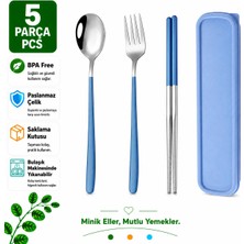 Mavi Renk Premium Çocuk Paslanmaz Çelik Çatal-Kaşık ve Çubuk Set, 5 Parça (24+ Ay)