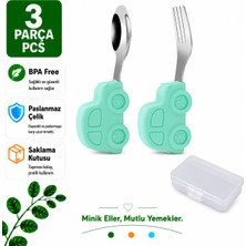 Açık Yeşil Premium Çocuk Bpa Free Silikon Saplı Paslanmaz Çelik Uçlu Çatal-Kaşık, (9+ Ay)