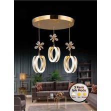 Mimoza Model 3'lü Gold 3 Renk Modu Ledli Kristal Taşlı Modern Salon Mutfak Oturma Odası LED Avize