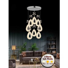 Rain Model 8'li Gümüş 3 Renk Modu Kristal Taşlı Modern Salon Mutfak Oturma Çocuk Odası LED Avize