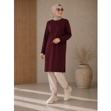 Uzun Kollu Oys-Ho Kumaş Bordo Uzun Boy Iç Göstermez Tunik