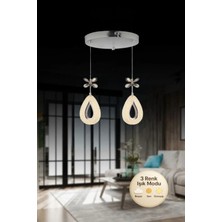 Rain Model 2'li Gümüş 3 Renk Modu Ledli Kristal Taşlı Modern Salon Mutfak Oturma Odası LED Avize