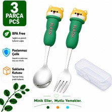 Jojobebek Yeşil Renk Ayı Figürlü Premium Çocuk Bpa Free Paslanmaz Çelik Uçlu Çatal-Kaşık Set 24+ Ay