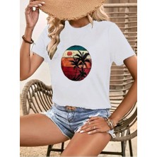 Lune Store Kadın Kısa Kollu Palmiye Baskılı Viskon T-Shirt
