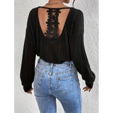 Lune Store Kadın Uzun Kollu V Yakalı Pencere Sırt Dantel Detaylı Kalın Fitilli Kaşkorse Bluz