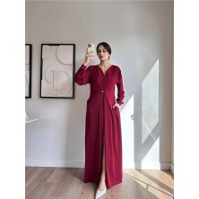 Klex Uzun Kollu Metal Tokalı Yırtmaçlı Maxi Elbise 5138 Bordo - S