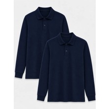 Rozelt 2'li Pamuklu Uzun Kol Polo Okul Tişörtü - Koyu Lacivert