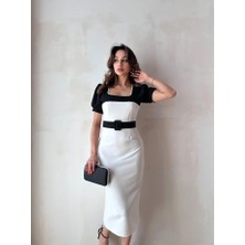 Klex Kare Yaka Inci Detaylı Kemerli Kalem Elbise 5009 Beyaz - Xl