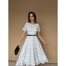 Klex Bisiklet Yaka Çiçek Desenli Kemerli Midi Elbise 5011 Beyaz - M