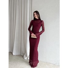 Klex Dantel Uzun Kol Balık Kesim Abiye Elbise 6074 Bordo - S