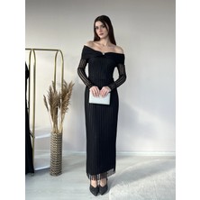 Klex Kayık Yaka Pileli Uzun Elbise 6081 Siyah - S