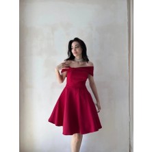 Klex Madonna Yaka Fiyonk Detaylı Kloş Mini Elbise 5032 Bordo - M