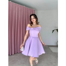 Klex Madonna Yaka Fiyonk Detaylı Kloş Mini Elbise 5032 Lila - Xl