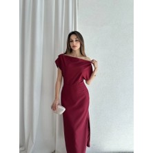 Klex Tek Omuz Askı Detaylı Drapeli Kalem Elbise 5039 Bordo - S