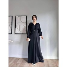 Klex Uzun Kollu Metal Tokalı Yırtmaçlı Maxi Elbise 5138 Siyah - S