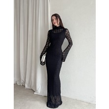 Klex Dantel Uzun Kol Balık Kesim Abiye Elbise 6074 Siyah - S
