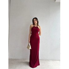 Klex Boyundan Bağlamalı Sırt Dekolteli Uzun Elbise 7012 Bordo - S