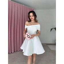 Klex Madonna Yaka Fiyonk Detaylı Kloş Mini Elbise 5032 Beyaz - S