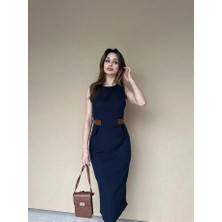 Klex Bisiklet Yaka Deri Garnili Kalem Elbise 5014 Lacivert - S