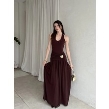 Klex Aksesuarlı Drapeli Uzun Abiye Elbise 6079 Kahverengi - S