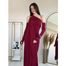 Klex Tek Omuz Kol Detaylı Drapeli Uzun Abiye Elbise 6099 Bordo - S