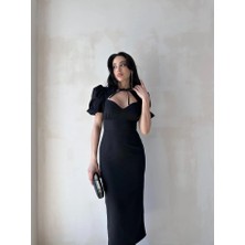 Klex Bianca Yaka Detaylı Puff Kol Midi Elbise 5031 Siyah - Xl