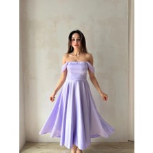 Klex Düşük Omuz Saten Midi Davet Elbisesi 5030 Lila - S