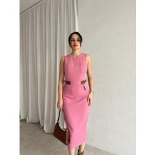 Klex Bisiklet Yaka Deri Garnili Kalem Elbise 5014 Pembe - M